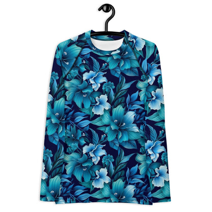 Blue Flowers Women's Rash Guard, Floral Print Surf Long Sleeve Swim Shirt Sun Protection Designer 50 UPF SPF UV Cover