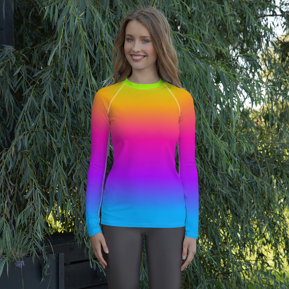 Women's Rash Guard, Pop Rainbow Colors, Neon Tie Dye Surf wear, Printe ...