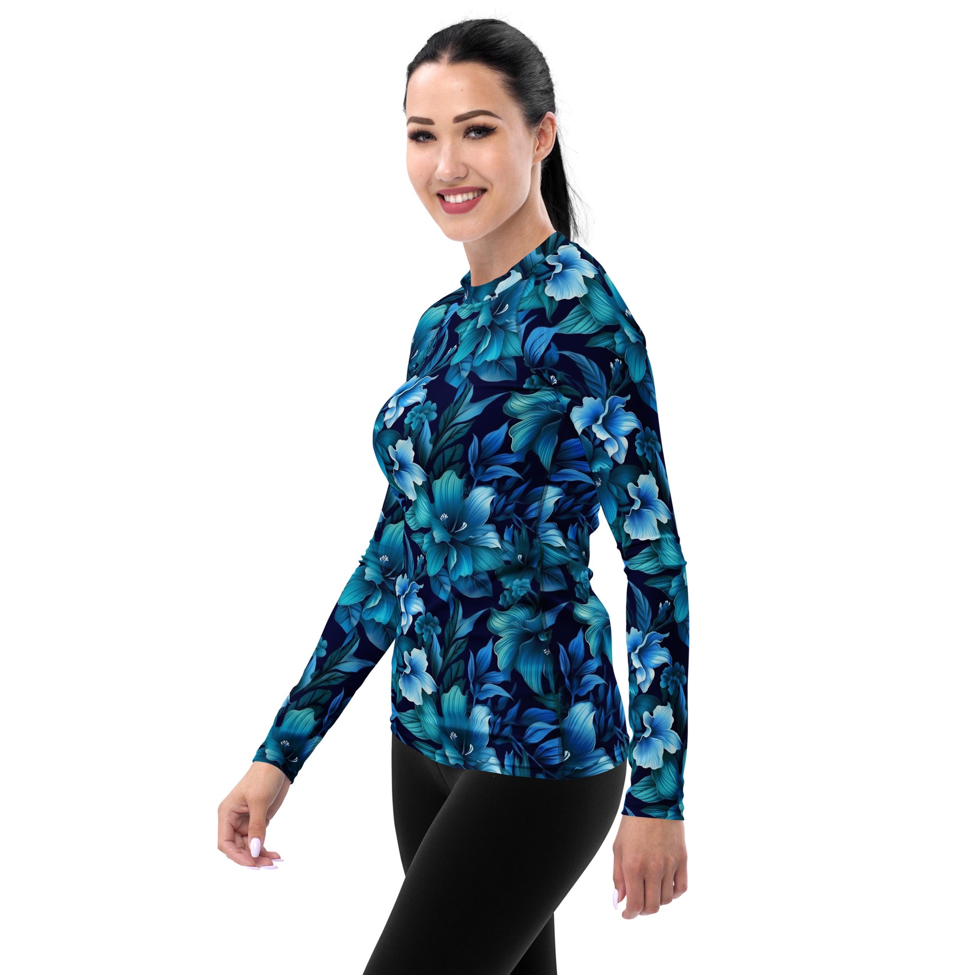 Blue Flowers Women's Rash Guard, Floral Print Surf Long Sleeve Swim Shirt Sun Protection Designer 50 UPF SPF UV Cover Starcove Fashion