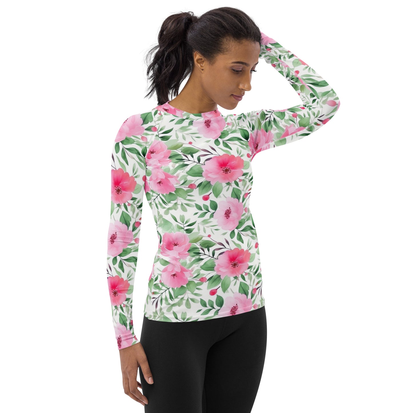 Pink Flowers Women's Rash Guard, Floral White Print Surf Long Sleeve Swim Shirt Sun Protection Designer 50 UPF SPF UV Cover Starcove Fashion