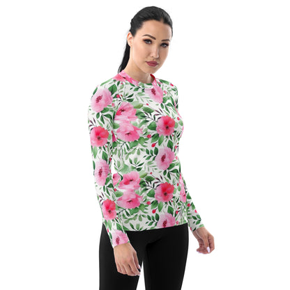 Pink Flowers Women's Rash Guard, Floral White Print Surf Long Sleeve Swim Shirt Sun Protection Designer 50 UPF SPF UV Cover