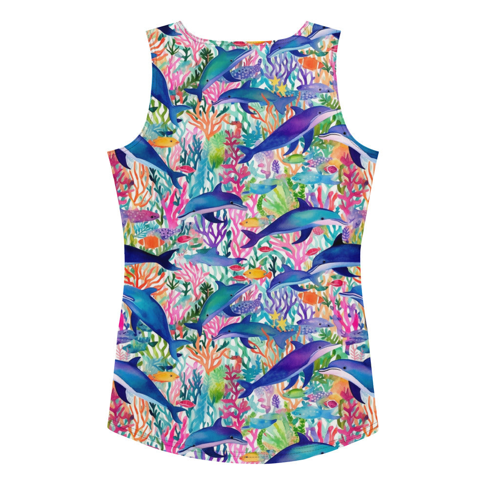 Dolphin Women Tank Top, Rainbow Coral Reef Watercolor Cute Festival Yoga Workout Sexy Summer Muscle Sleeveless Shirt Starcove Fashion