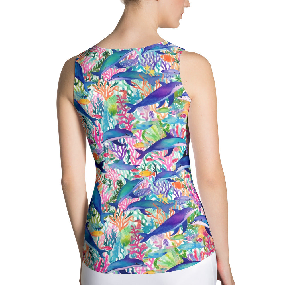 Dolphin Women Tank Top, Rainbow Coral Reef Watercolor Cute Festival Yoga Workout Sexy Summer Muscle Sleeveless Shirt
