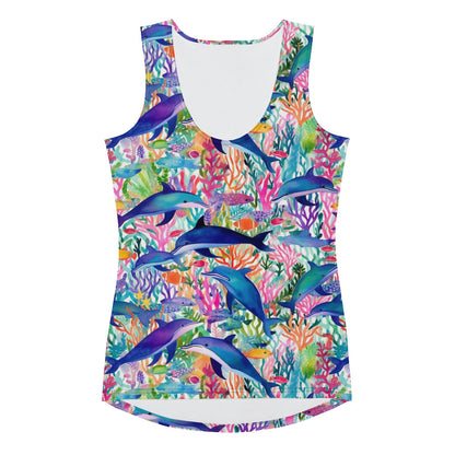 Dolphin Women Tank Top, Rainbow Coral Reef Watercolor Cute Festival Yoga Workout Sexy Summer Muscle Sleeveless Shirt Starcove Fashion