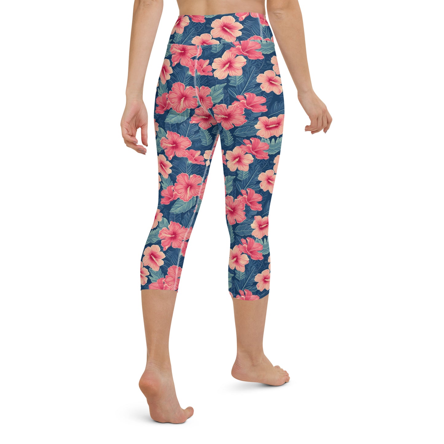 Hawaiian Hibiscus Capri Leggings Women, Pink Flowers 3 4 Cropped Surf Yoga Pants Printed Graphic Workout Gym Tights High Waisted