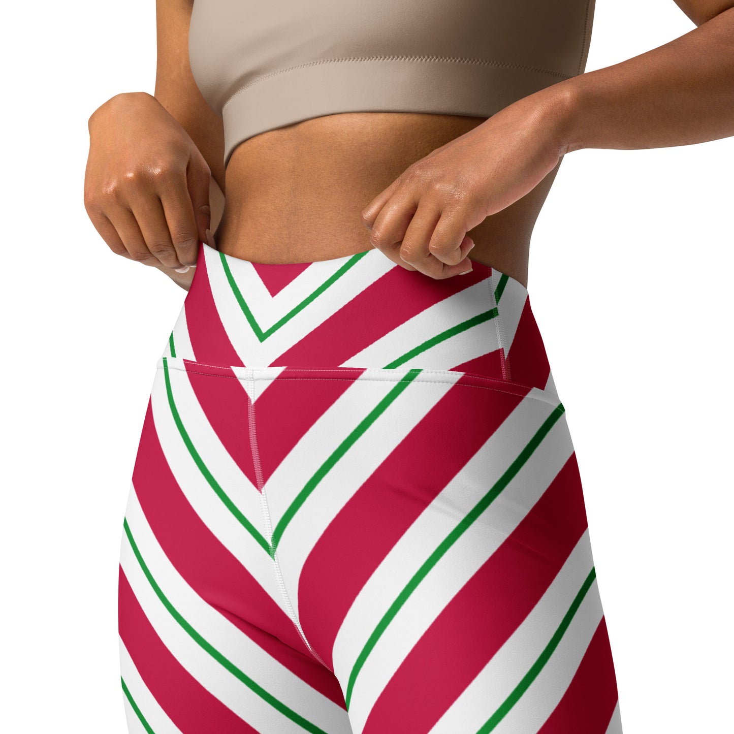 Candy Cane Leggings Women, High Waisted Yoga Red White Green Striped Christmas Graphic Printed Ladies Wear Holiday Xmas Pants