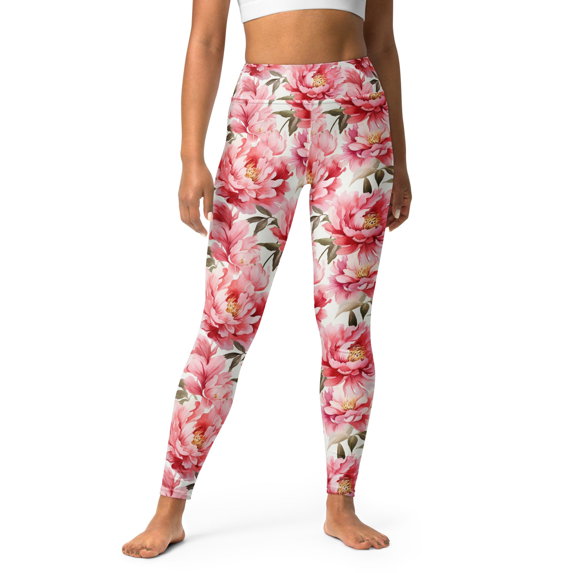 Pink Flowers Yoga Leggings Women, Peony Floral High Waisted Pants Cute Printed Graphic Workout Running Gym Designer Starcove Fashion
