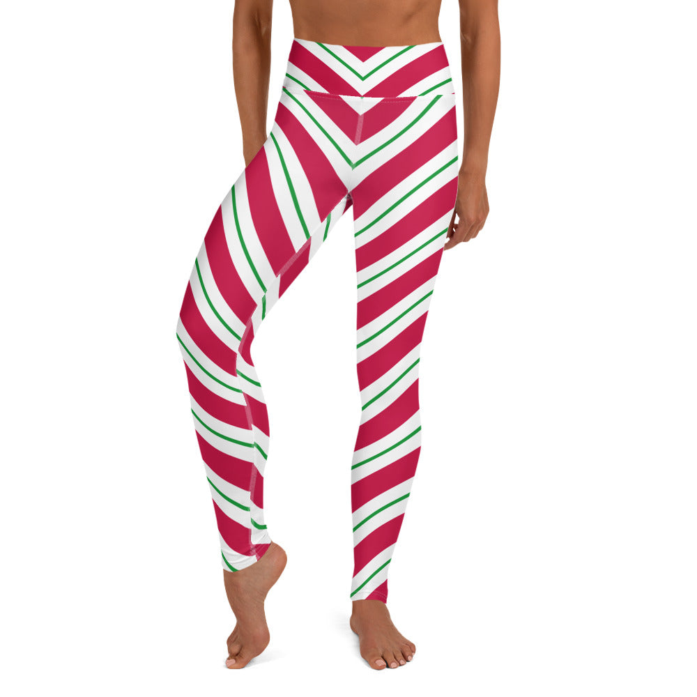 Candy Cane Leggings Women, High Waisted Yoga Red White Green Striped Christmas Graphic Printed Ladies Wear Holiday Xmas Pants