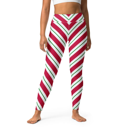 Candy Cane Leggings Women, High Waisted Yoga Red White Green Striped Christmas Graphic Printed Ladies Wear Holiday Xmas Pants