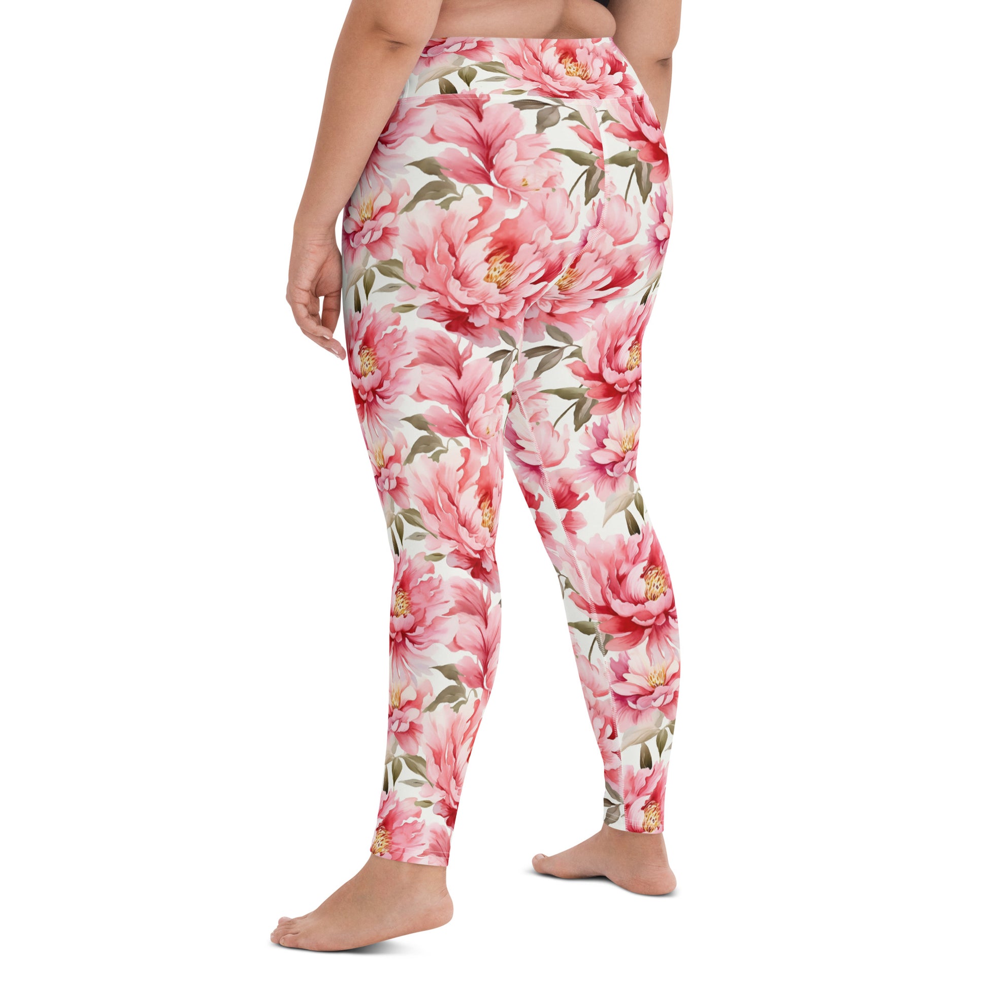 Pink Flowers Yoga Leggings Women, Peony Floral High Waisted Pants Cute Printed Graphic Workout Running Gym Designer Starcove Fashion