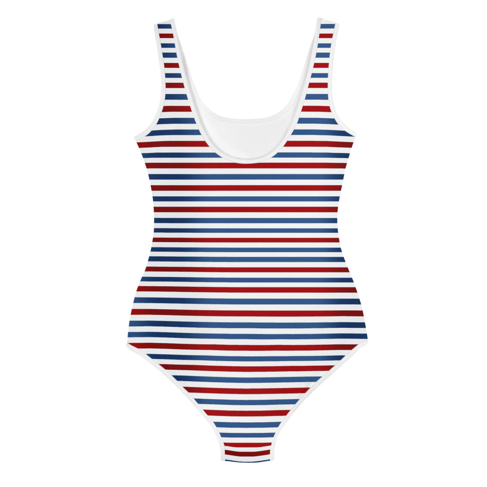 Red White Blue Striped Girls Swimsuits (8 - 20), Cute Kids Jr Junior Tween Teen Teenage One Piece Bathing Suit Young Swimwear