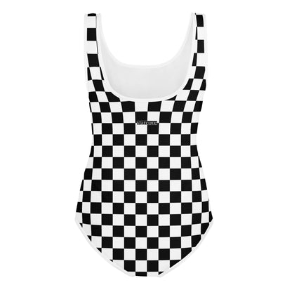 Checkered Girls Swimsuits, Tween Teen Kids Youth Teenager Bathing Suit Black and White Check One Piece Junior Swimwear