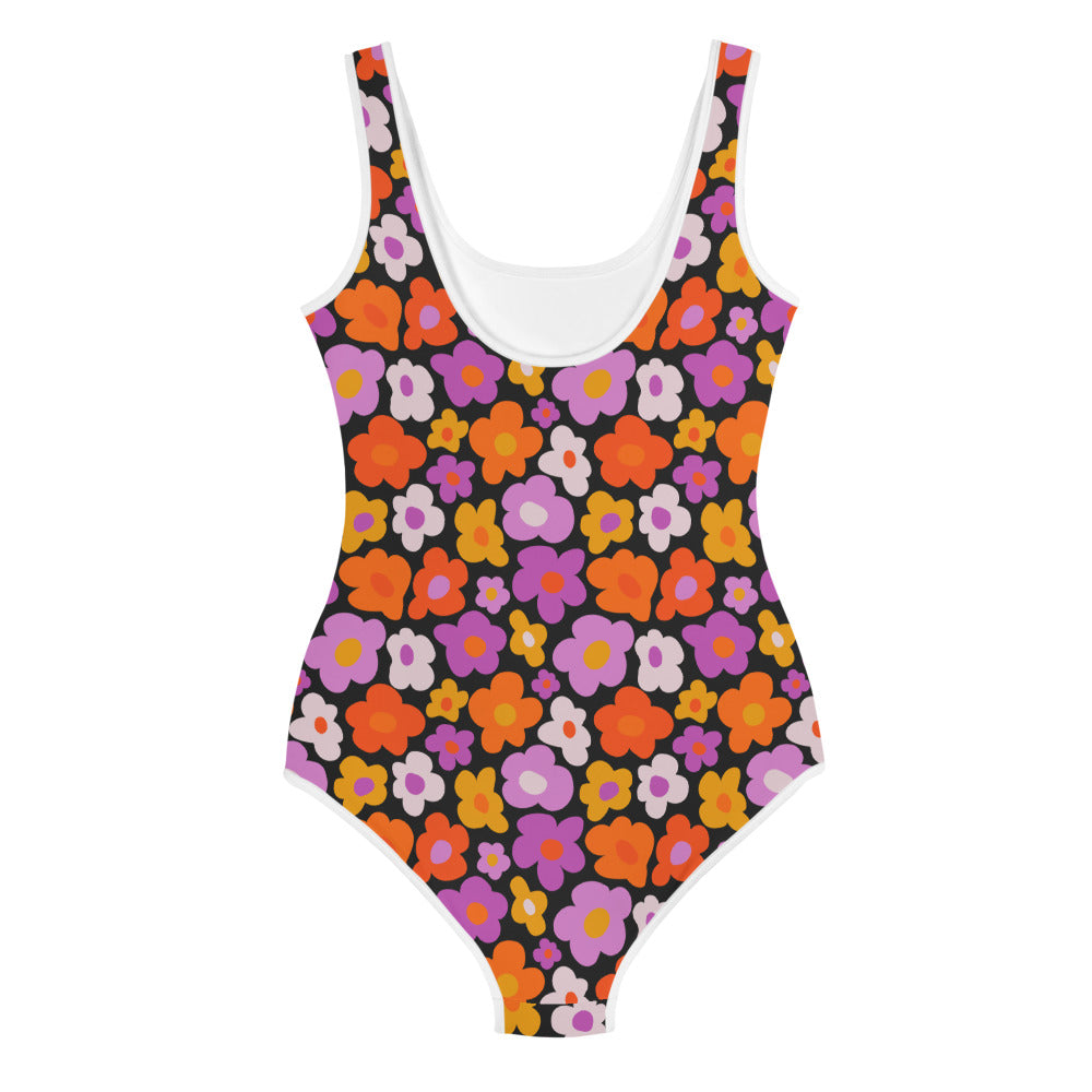 Groovy Flowers Girls Swimsuits (8 - 20), Cute Floral 70s Kids Jr Junior Tween Teen One Piece Bathing Suit Young Swimwear Starcove Fashion