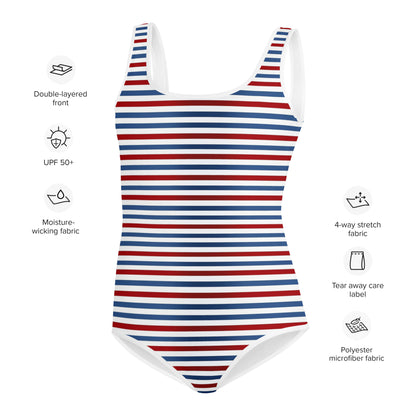 Red White Blue Striped Girls Swimsuits (8 - 20), Cute Kids Jr Junior Tween Teen Teenage One Piece Bathing Suit Young Swimwear