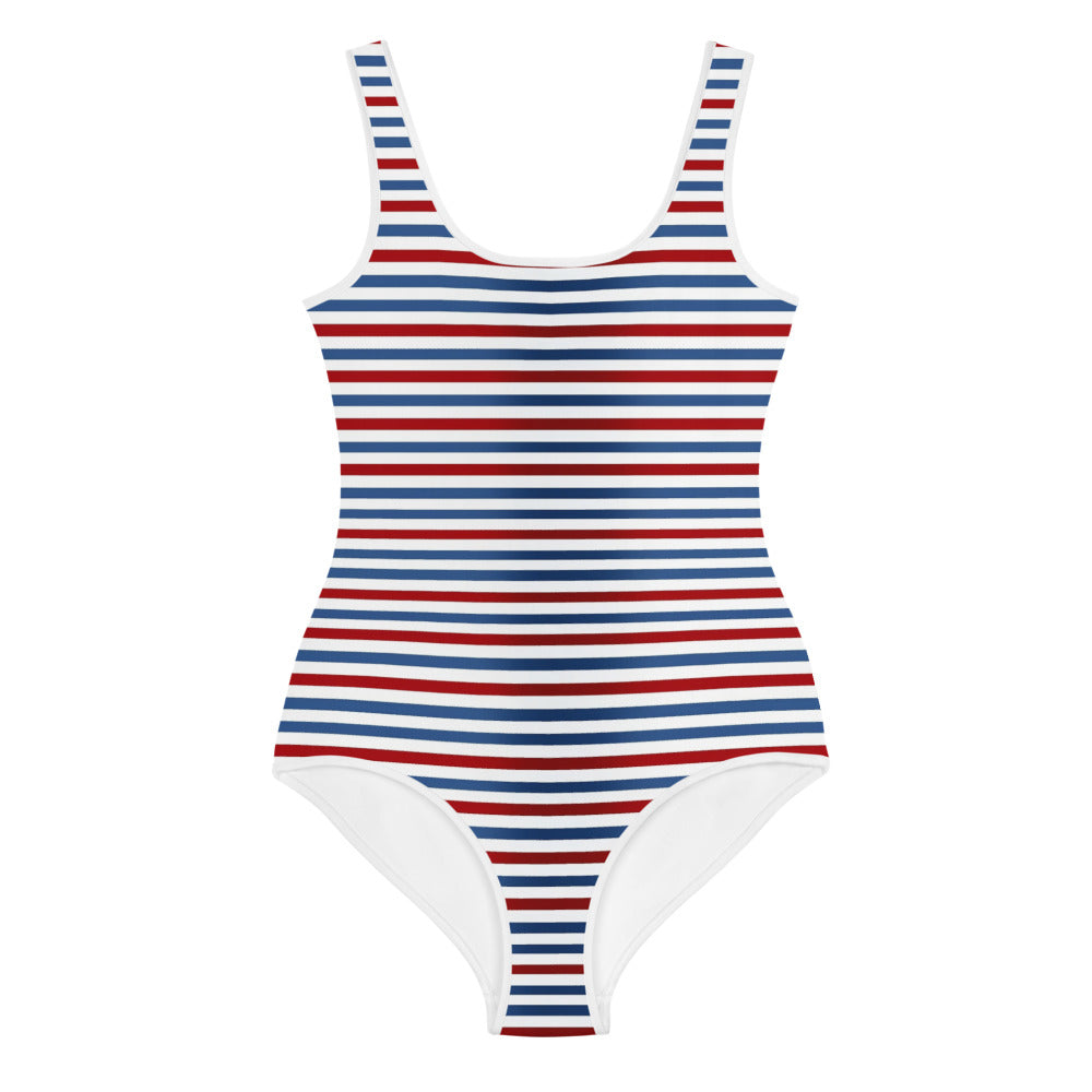 Red White Blue Striped Girls Swimsuits (8 - 20), Cute Kids Jr Junior Tween Teen Teenage One Piece Bathing Suit Young Swimwear Starcove Fashion