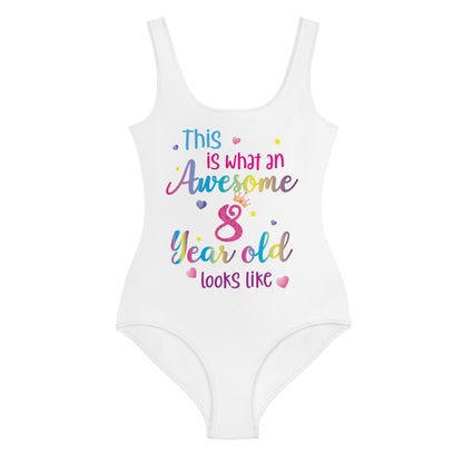 This is What an Awesome 8 Year Old Looks Like Girls Swimsuit, Birthday 8th Eight Year Fun Rainbow Party Gift Kids One Piece Bathing Suit Swimwear Starcove Fashion
