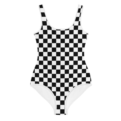 Checkered Girls Swimsuits, Tween Teen Kids Youth Teenager Bathing Suit Black and White Check One Piece Junior Swimwear