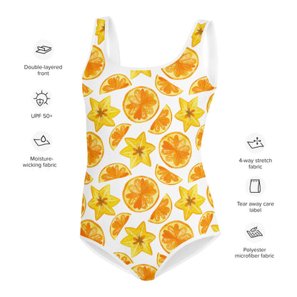 Orange Girls Swimsuits (8 - 20), Summer Fruits Cute Kids Jr Junior Tween Teen One Piece Bathing Suit Young Swimwear Starcove Fashion