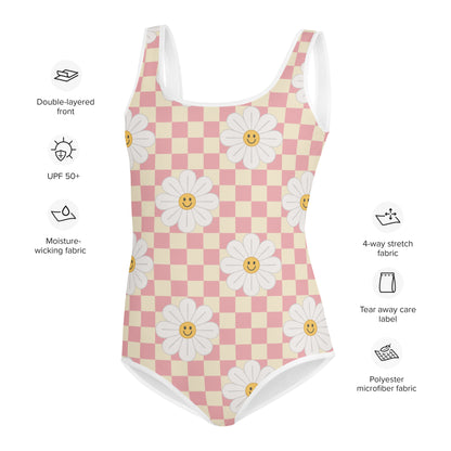Groovy Checkered Girls Swimsuits (8 - 20), Pink Chamomile Flower Kids Jr Junior Tween Teen One Piece Bathing Suit Young Swimwear Starcove Fashion