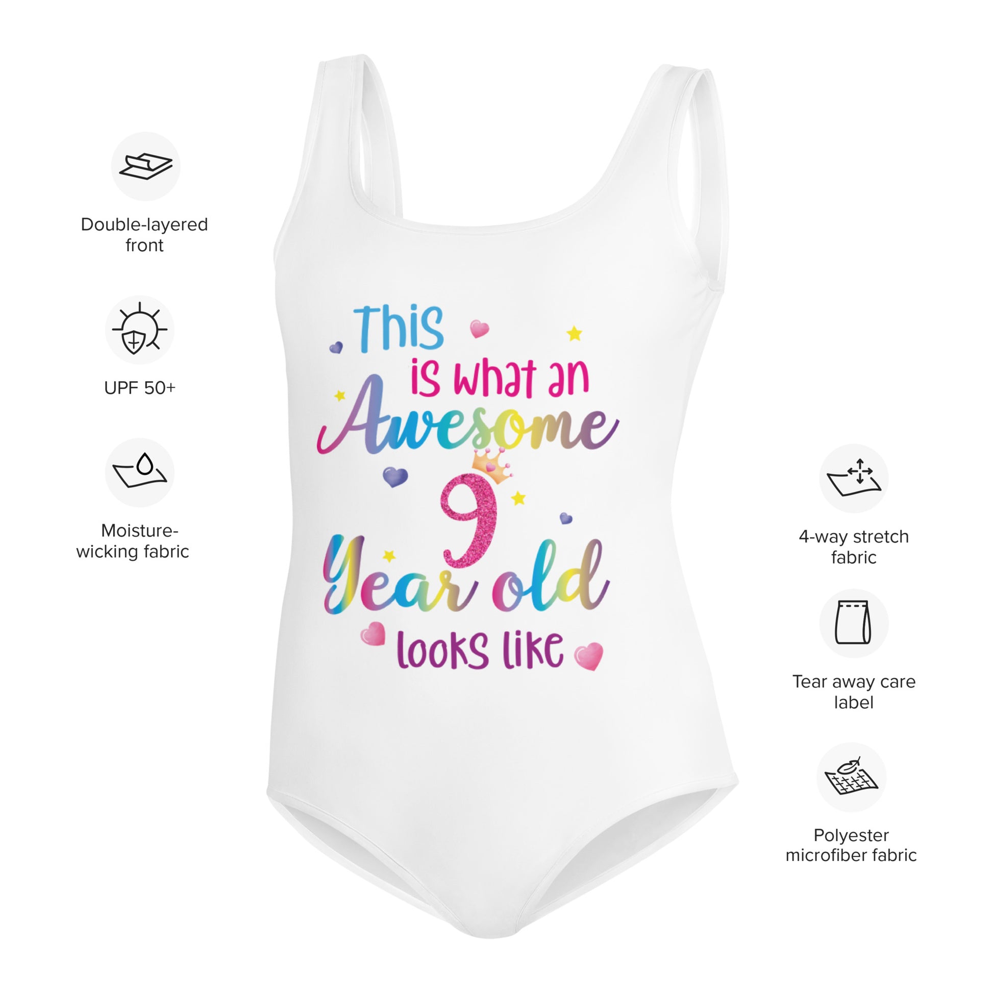 This is What an Awesome 9 Year Old Looks Like Girls Swimsuit, Birthday 9th Nine Year Fun Rainbow Party Gift Kids One Piece Bathing Suit Swimwear Starcove Fashion