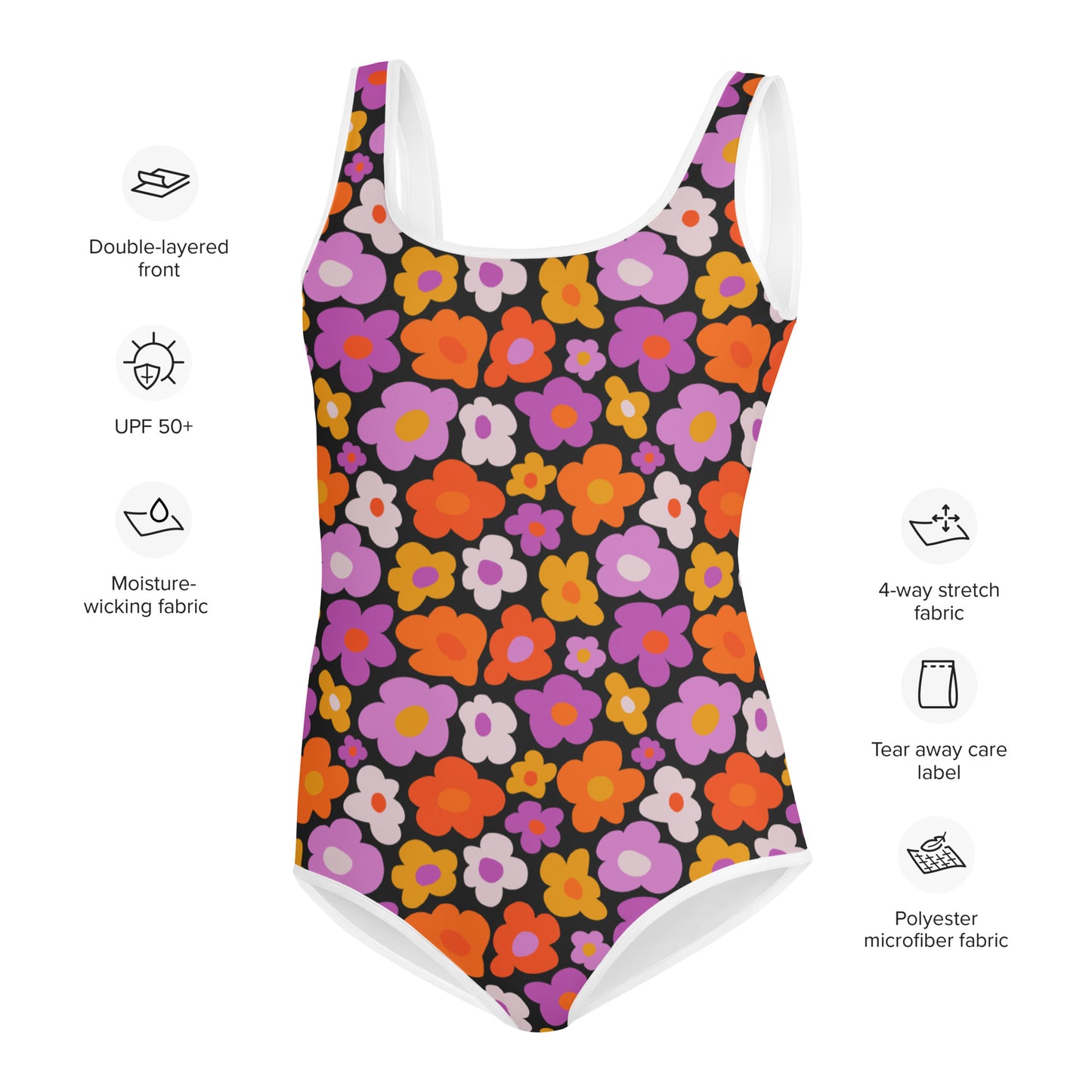 Groovy Flowers Girls Swimsuits (8 - 20), Cute Floral 70s Kids Jr Junior Tween Teen One Piece Bathing Suit Young Swimwear Starcove Fashion