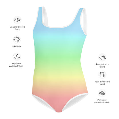 Pastel Rainbow Girls Swimsuits, Colorful Ombre Tie Dye Kids Jr Junior Tween Teen One Piece Bathing Suit Young Swimwear Starcove Fashion