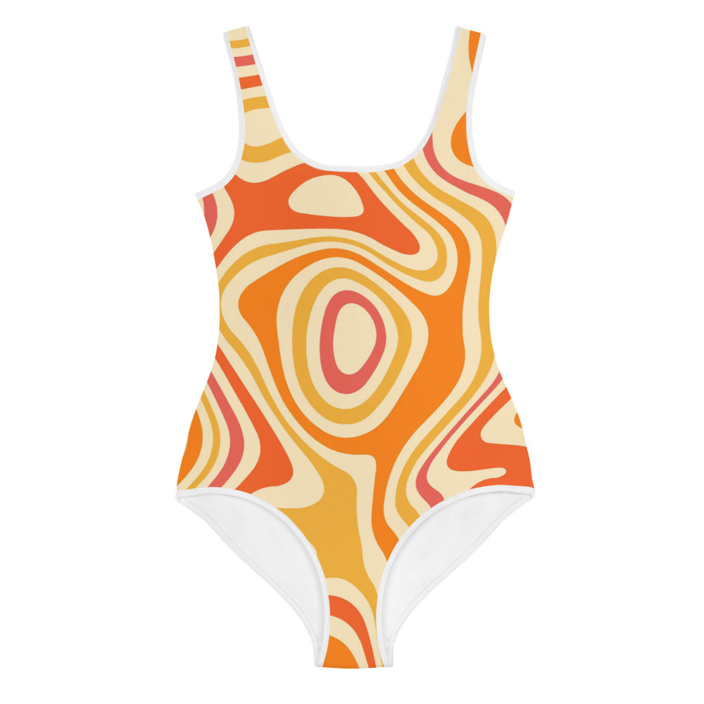 Groovy Orange Girls Swimsuits (8 - 20), Retro Funky 70s Cute Kids Jr Junior Tween Teen Teenage One Piece Bathing Suit Young