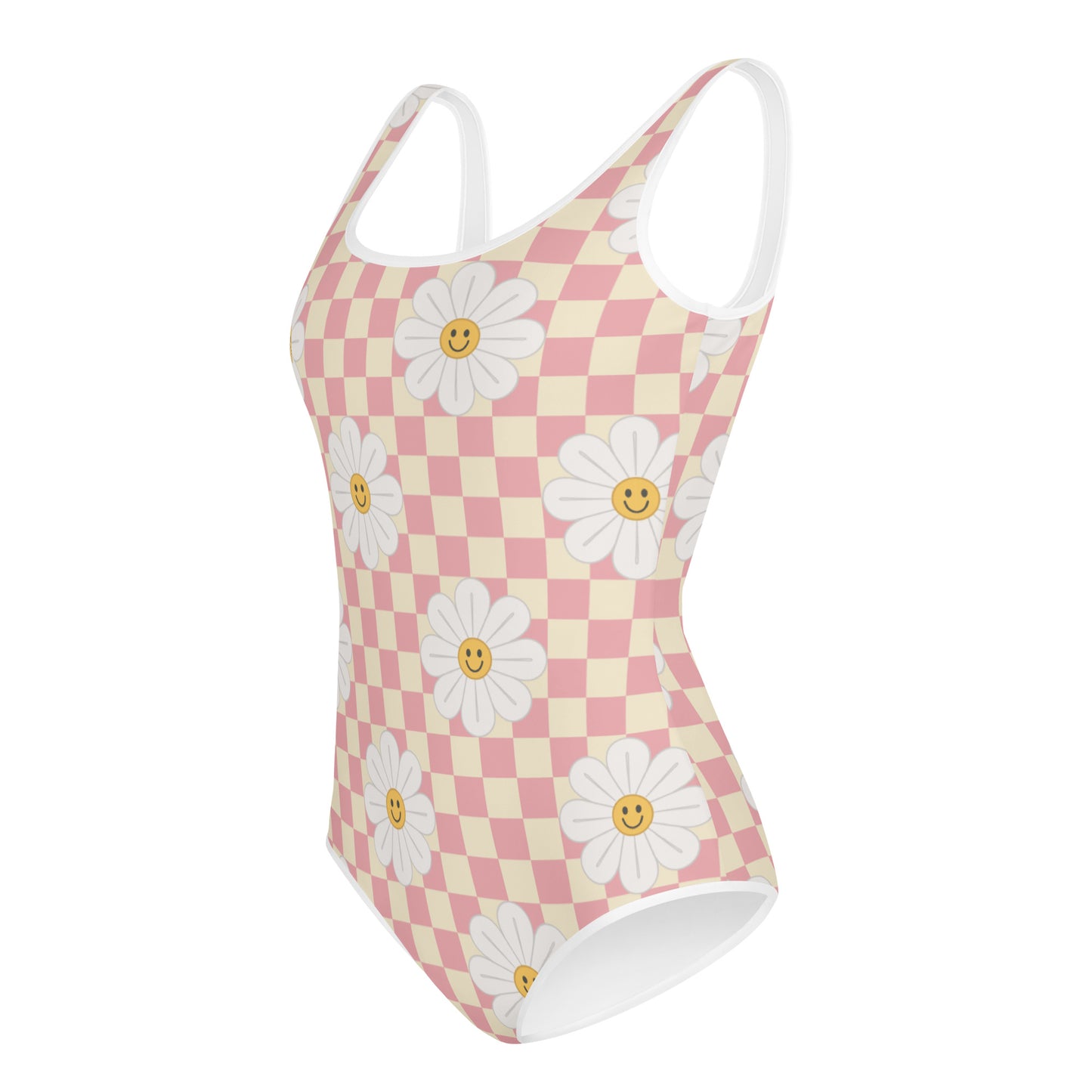 Groovy Checkered Girls Swimsuits (8 - 20), Pink Chamomile Flower Kids Jr Junior Tween Teen One Piece Bathing Suit Young Swimwear Starcove Fashion
