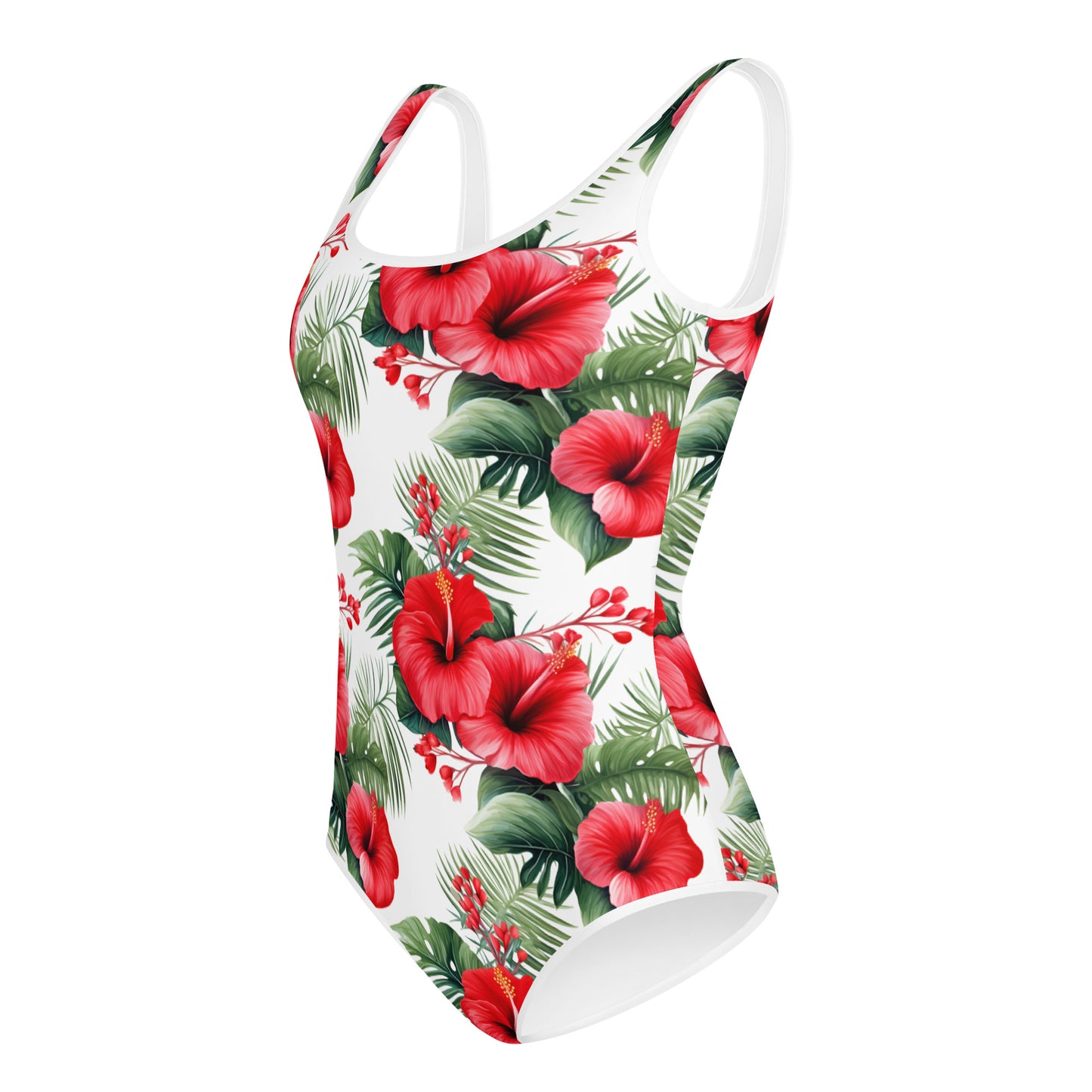 Red Tropical Flowers Girls Swimsuits (8 - 20), Floral Cute Kids Jr Junior Tween Teen Teenager One Piece Bathing Suit Young Swimwear