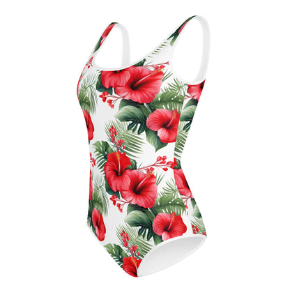 Red Tropical Flowers Girls Swimsuits (8 - 20), Floral Cute Kids Jr Junior Tween Teen Teenager One Piece Bathing Suit Young Swimwear