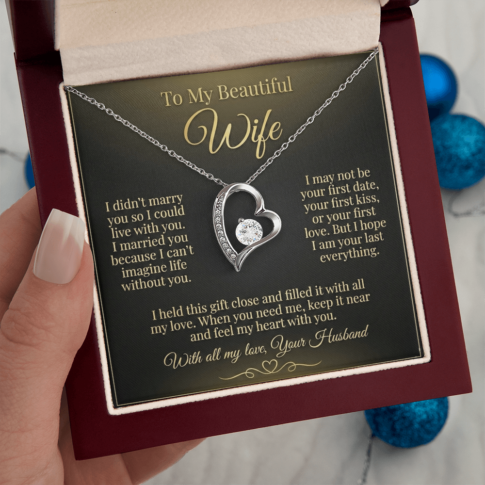 To My Beautiful Wife Necklace from Husband, Message Card Hubby Love Heart Pendant Gold Anniversary Jewelry Birthday Christmas Valentines Day Gift