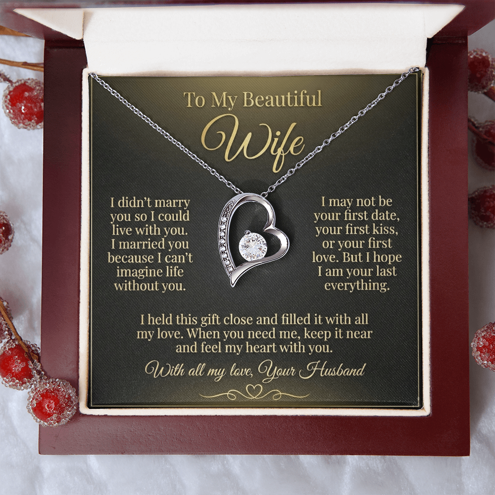 To My Beautiful Wife Necklace from Husband, Message Card Hubby Love Heart Pendant Gold Anniversary Jewelry Birthday Christmas Valentines Day Gift
