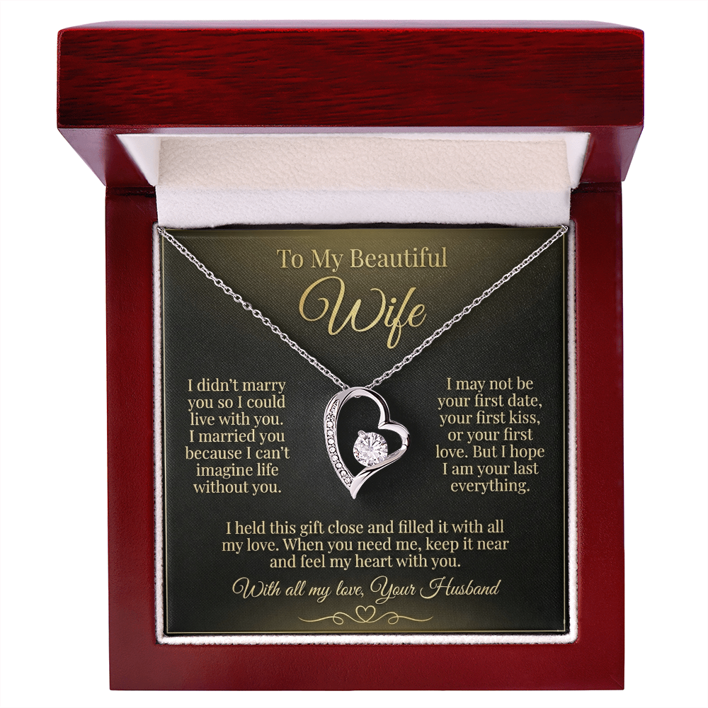To My Beautiful Wife Necklace from Husband, Message Card Hubby Love Heart Pendant Gold Anniversary Jewelry Birthday Christmas Valentines Day Gift