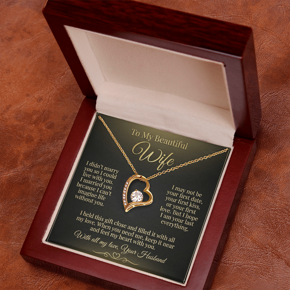 To My Beautiful Wife Necklace from Husband, Message Card Hubby Love Heart Pendant Gold Anniversary Jewelry Birthday Christmas Valentines Day Gift