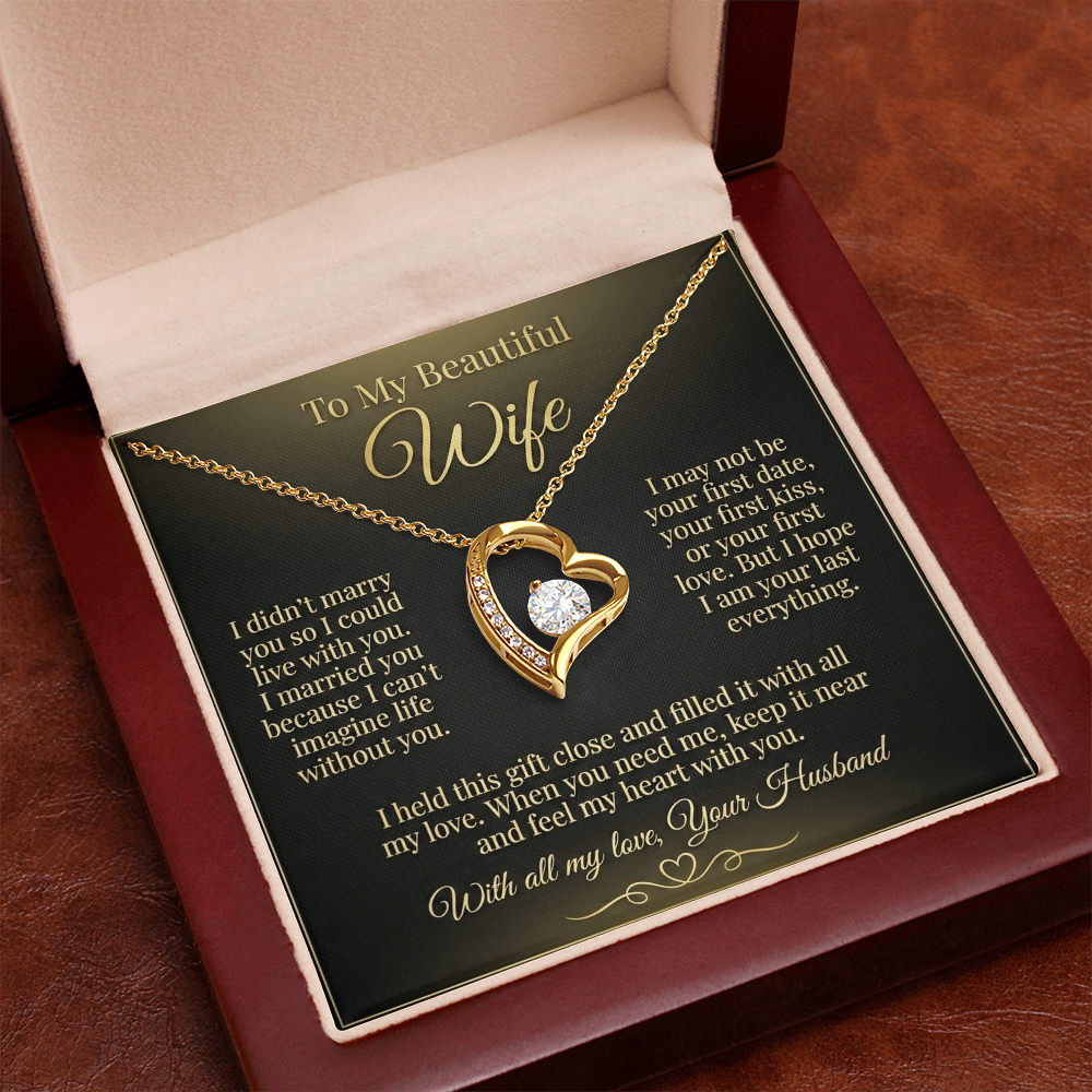 To My Beautiful Wife Necklace from Husband, Message Card Hubby Love Heart Pendant Gold Anniversary Jewelry Birthday Christmas Valentines Day Gift