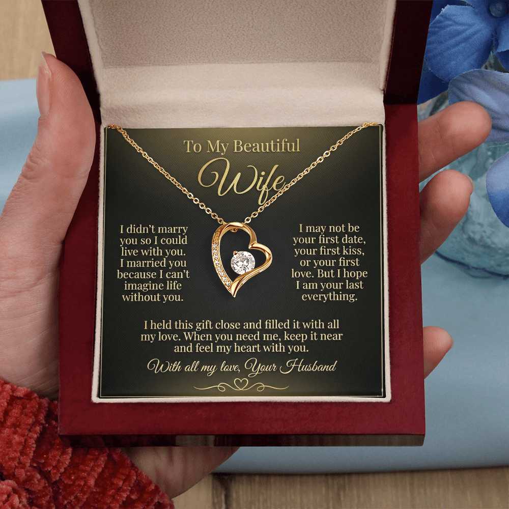 To My Beautiful Wife Necklace from Husband, Message Card Hubby Love Heart Pendant Gold Anniversary Jewelry Birthday Christmas Valentines Day Gift