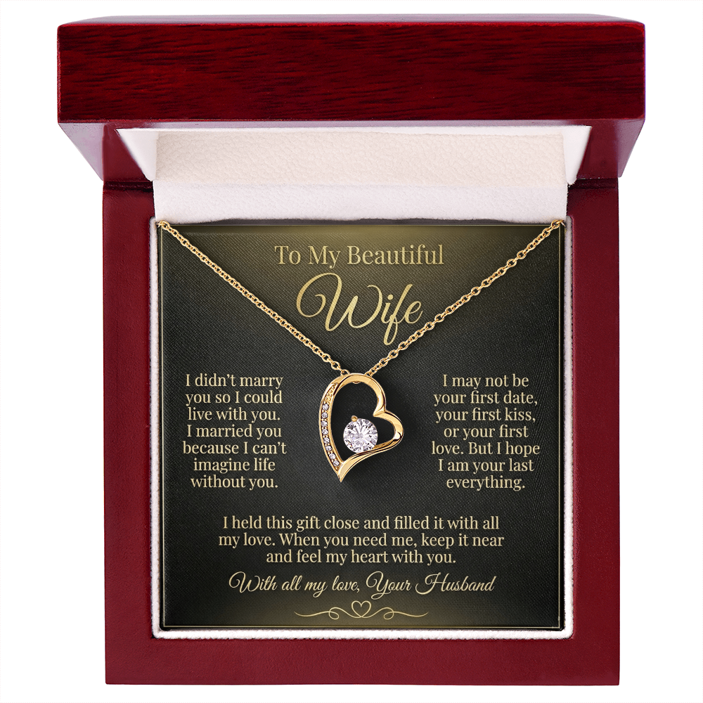 To My Beautiful Wife Necklace from Husband, Message Card Hubby Love Heart Pendant Gold Anniversary Jewelry Birthday Christmas Valentines Day Gift