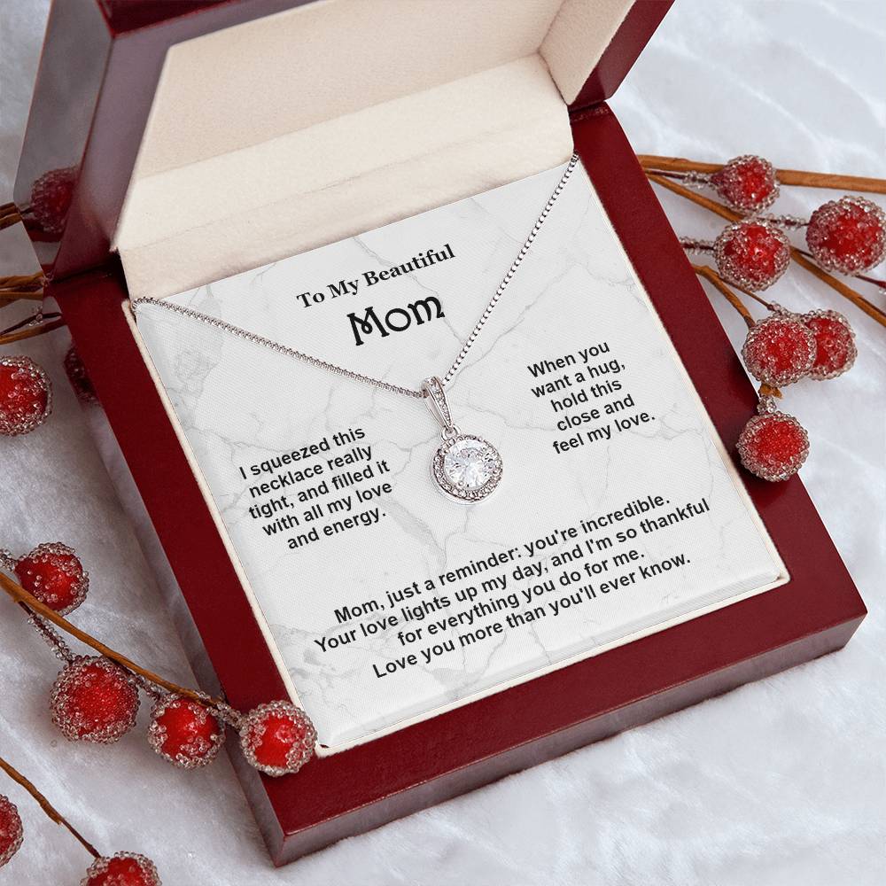 To Mom from Daughter Pendant Necklace, White Gold Mothers Day Message Card Mum Grandmother Jewelry Birthday Christmas Gift Her Box