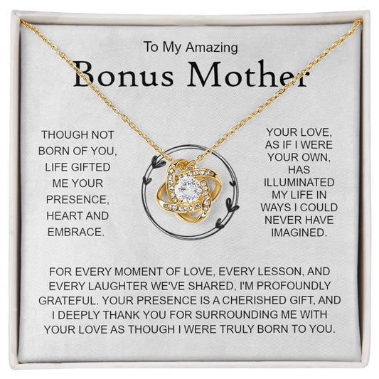 To My Bonus Mom  Necklace, Mother's Day Stepmom Step Bride Wedding Message Card Love Knot Pendant Gold Jewelry Birthday Christmas Gift