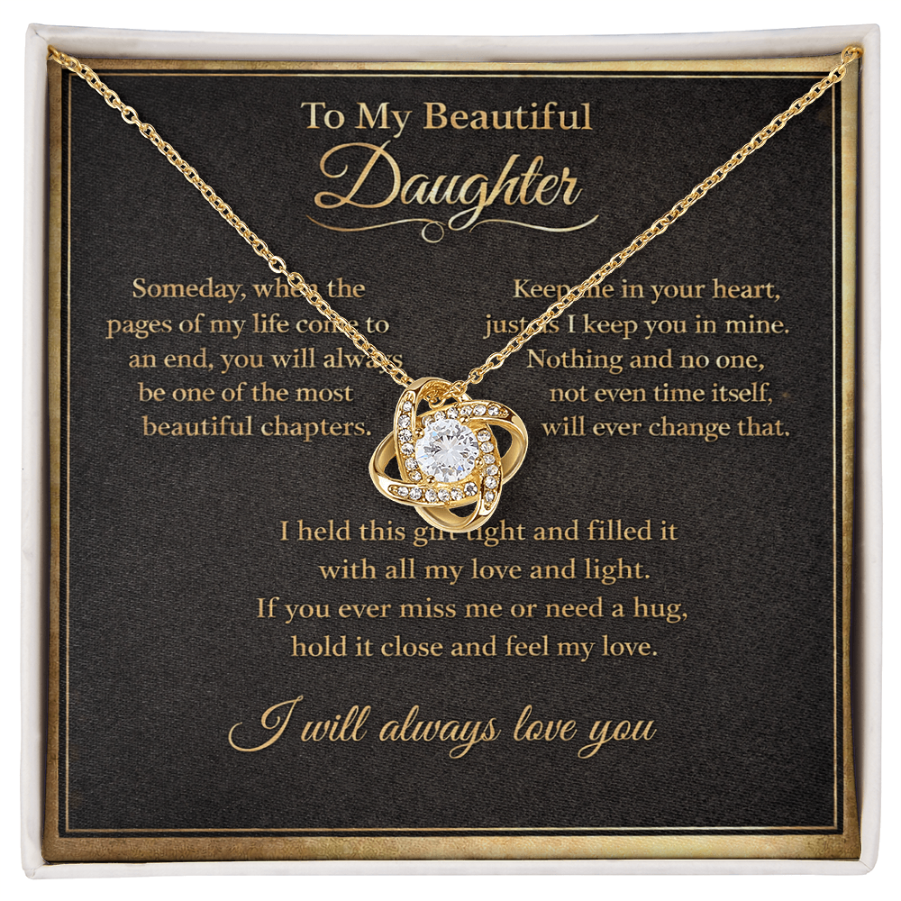 To My Beautiful Daughter Necklace from Mom Dad, Always Love You Message Card Girls Mother Pendant Gold Finish Jewelry Birthday Christmas Gift Box