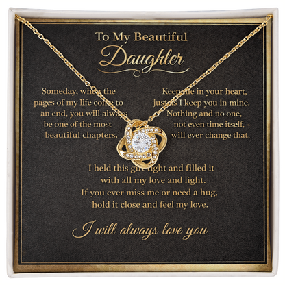 To My Beautiful Daughter Necklace from Mom Dad, Always Love You Message Card Girls Mother Pendant Gold Finish Jewelry Birthday Christmas Gift Box