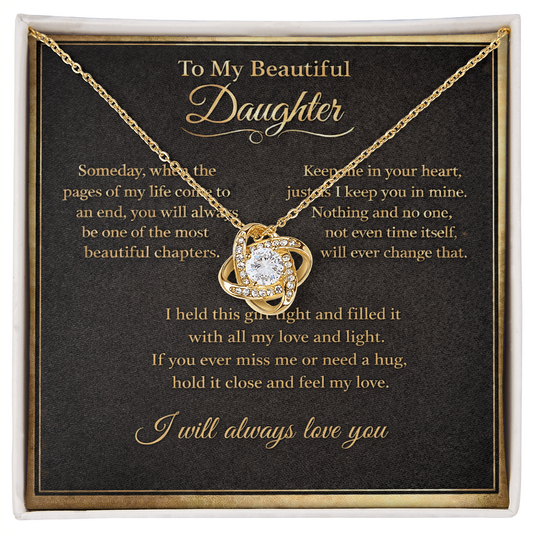 To My Beautiful Daughter Necklace from Mom Dad, Always Love You Message Card Girls Mother Pendant Gold Finish Jewelry Birthday Christmas Gift Box