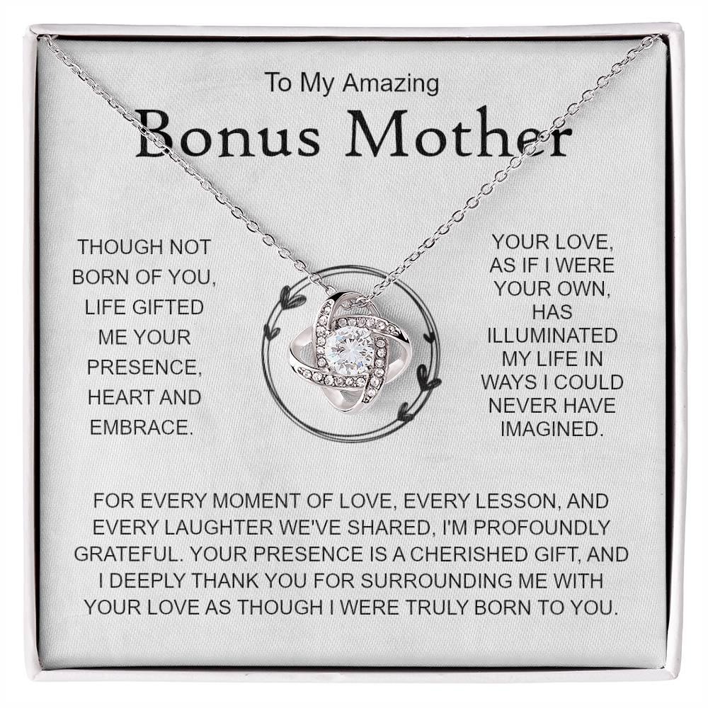 To My Bonus Mom  Necklace, Mother's Day Stepmom Step Bride Wedding Message Card Love Knot Pendant Gold Jewelry Birthday Christmas Gift