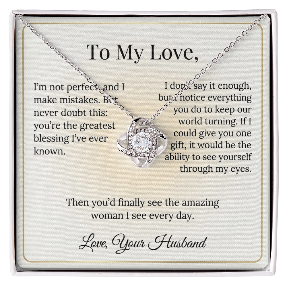 To My Love Necklace Wife from Husband, Message Card Hubby Love Knot Pendant Gold Anniversary Jewelry Valentine's Day Birthday Christmas Gift