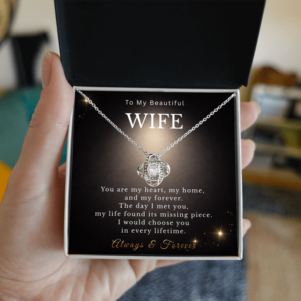 To My Beautiful Wife Necklace from Husband, Message Card Hubby Love Pendant Gold Anniversary Jewelry Birthday Christmas Valentines Day Gift