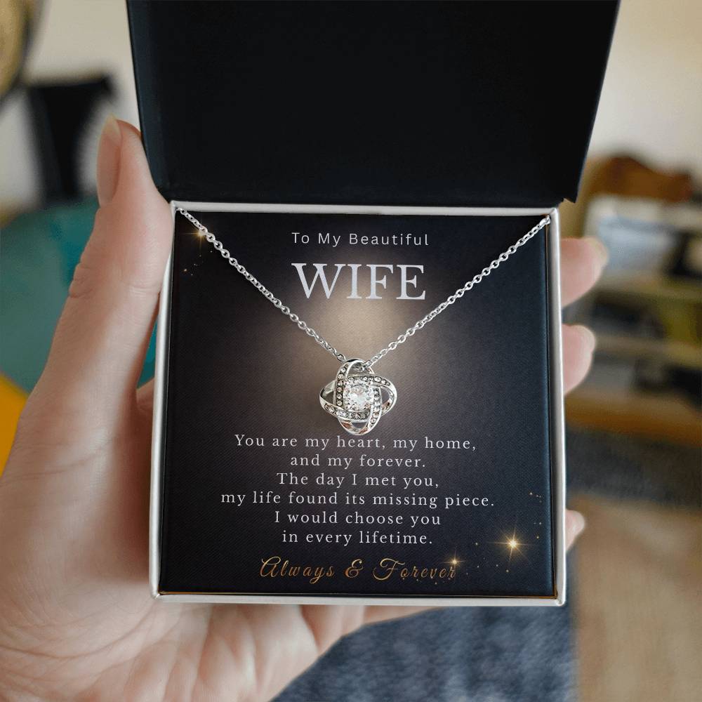 To My Beautiful Wife Necklace from Husband, Message Card Hubby Love Pendant Gold Anniversary Jewelry Birthday Christmas Valentines Day Gift
