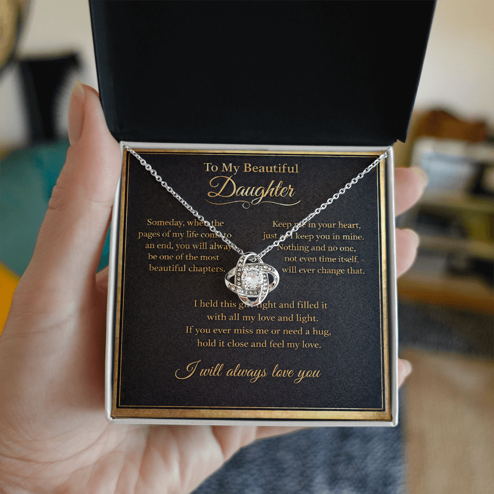 To My Beautiful Daughter Necklace from Mom Dad, Always Love You Message Card Girls Mother Pendant Gold Finish Jewelry Birthday Christmas Gift Box