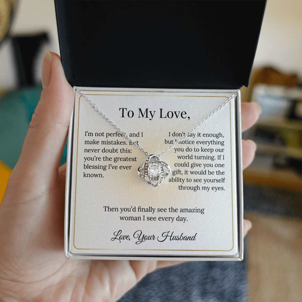 To My Love Necklace Wife from Husband, Message Card Hubby Love Knot Pendant Gold Anniversary Jewelry Valentine's Day Birthday Christmas Gift