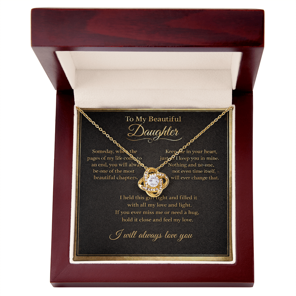 To My Beautiful Daughter Necklace from Mom Dad, Always Love You Message Card Girls Mother Pendant Gold Finish Jewelry Birthday Christmas Gift Box