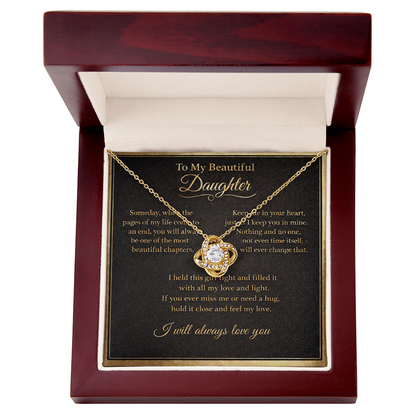 To My Beautiful Daughter Necklace from Mom Dad, Always Love You Message Card Girls Mother Pendant Gold Finish Jewelry Birthday Christmas Gift Box